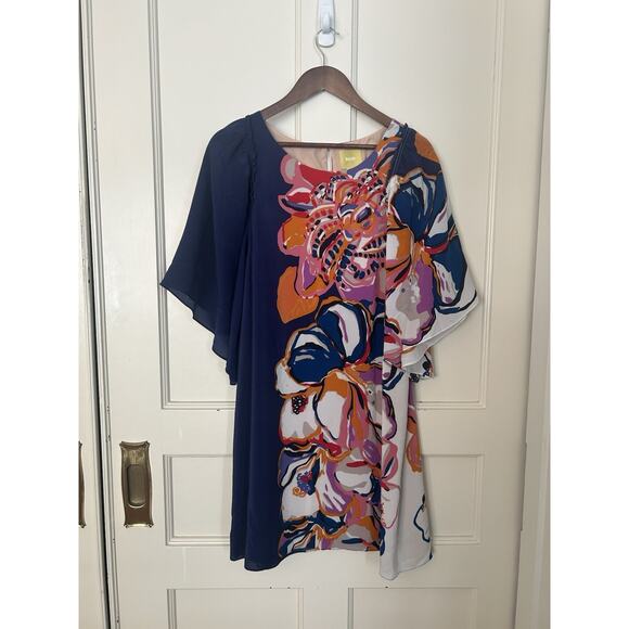 Maeve Silk Floral Chiffon Shift Dress Womens Size Large Blue Pink Art Party - Picture 1 of 7